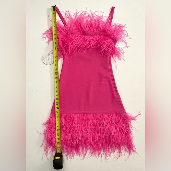 STAUD Etta Dress Feather Trim Stretch Knit Mini Bright Pink Party Festival XS - Picture 8 of 13
